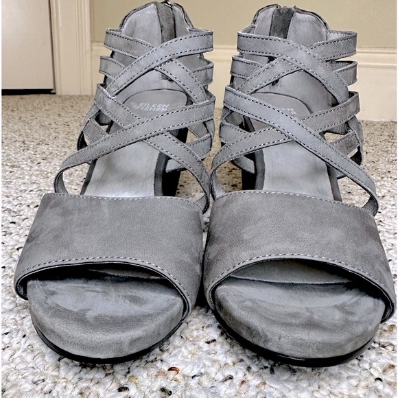 Eileen Fisher Vero Cuoio Caged Suede Wedge Sandals Womens 9 Gray Heel Zip Up - Picture 3 of 10